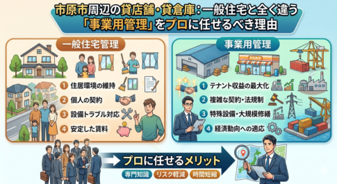 市原市周辺の貸店舗・貸倉庫における、一般住宅管理と事業用管理の違いを解説するインフォグラフィック。左側に住宅管理の要素（一戸建て、家族、家賃、トラブル対応）、右側に事業用管理の要素（倉庫、店舗、コンテナ、テナント収益、複雑な契約、設備・大規模修繕、経済動向への適応）をイラストで比較。下部にはプロの専門知識、リスク軽減、時間短縮というメリットと、地図を持つビジネスマンが描かれている。
