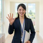 スーツを着た女性スタッフが片手が「5」を示しながら笑顔で立っている写真