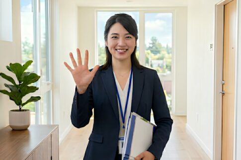 スーツを着た女性スタッフが片手が「5」を示しながら笑顔で立っている写真