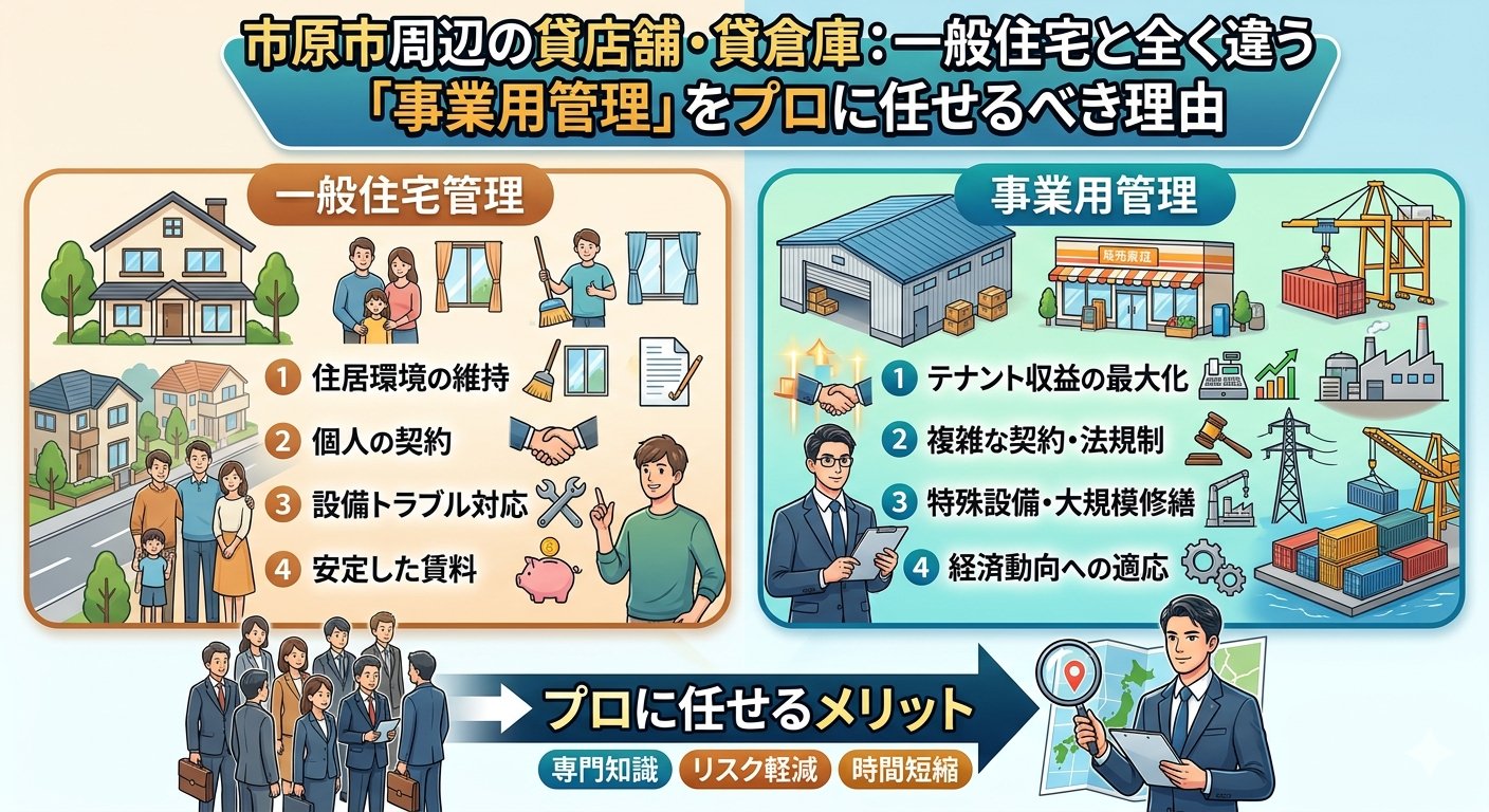 市原市周辺の貸店舗・貸倉庫における、一般住宅管理と事業用管理の違いを解説するインフォグラフィック。左側に住宅管理の要素(一戸建て、家族、家賃、トラブル対応)、右側に事業用管理の要素(倉庫、店舗、コンテナ、テナント収益、複雑な契約、設備・大規模修繕、経済動向への適応)をイラストで比較。下部にはプロの専門知識、リスク軽減、時間短縮というメリットと、地図を持つビジネスマンが描かれている。