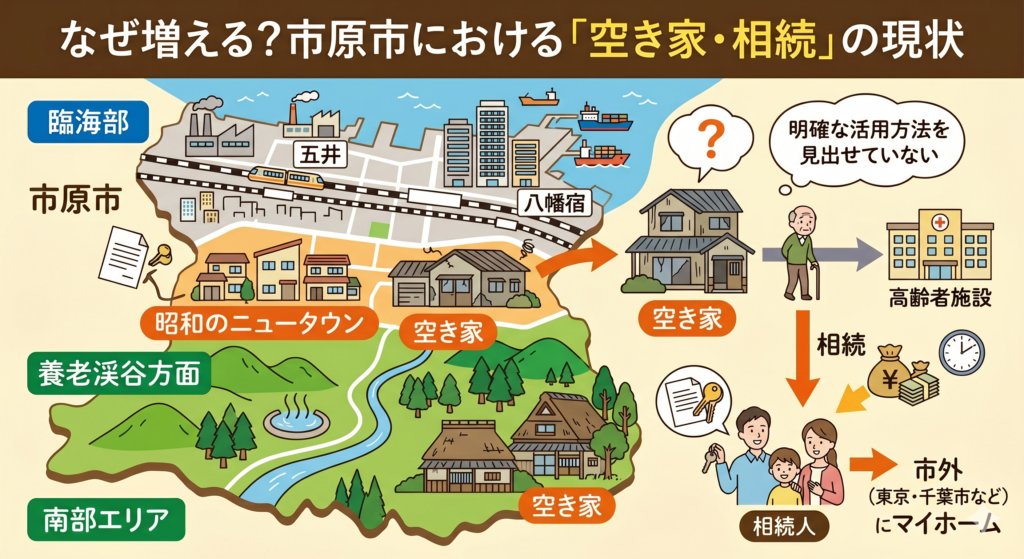 市原市の空き家・相続の現状を解説する図。臨海部（五井・八幡宿）から昭和のニュータウン、南部エリア（養老渓谷方面）の地域特性と、高齢者が施設へ入所した後の空き家化、市外（東京・千葉市など）に住む相続人への相続の流れを説明。