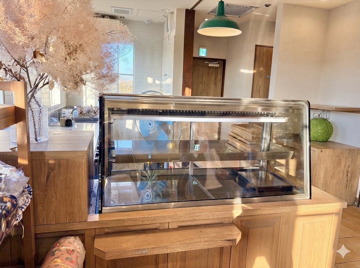 カフェや惣菜店の居抜き物件のカウンター周辺内装。中央に設置された2段式のガラス製冷蔵ショーケースと、その奥に見えるステンレス製の厨房シンクや作業スペース。木目調のレジカウンター、緑のペンダントライト、スモークツリーの装飾が調和した温かみのある店内。