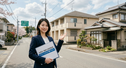 市原市の道路標識とアパートや一軒家が立ち並ぶ住宅街を背景に、「市原市・柔軟な賃貸管理 アパートから戸建てまで」と書かれた資料を持つスーツ姿の女性スタッフの画像