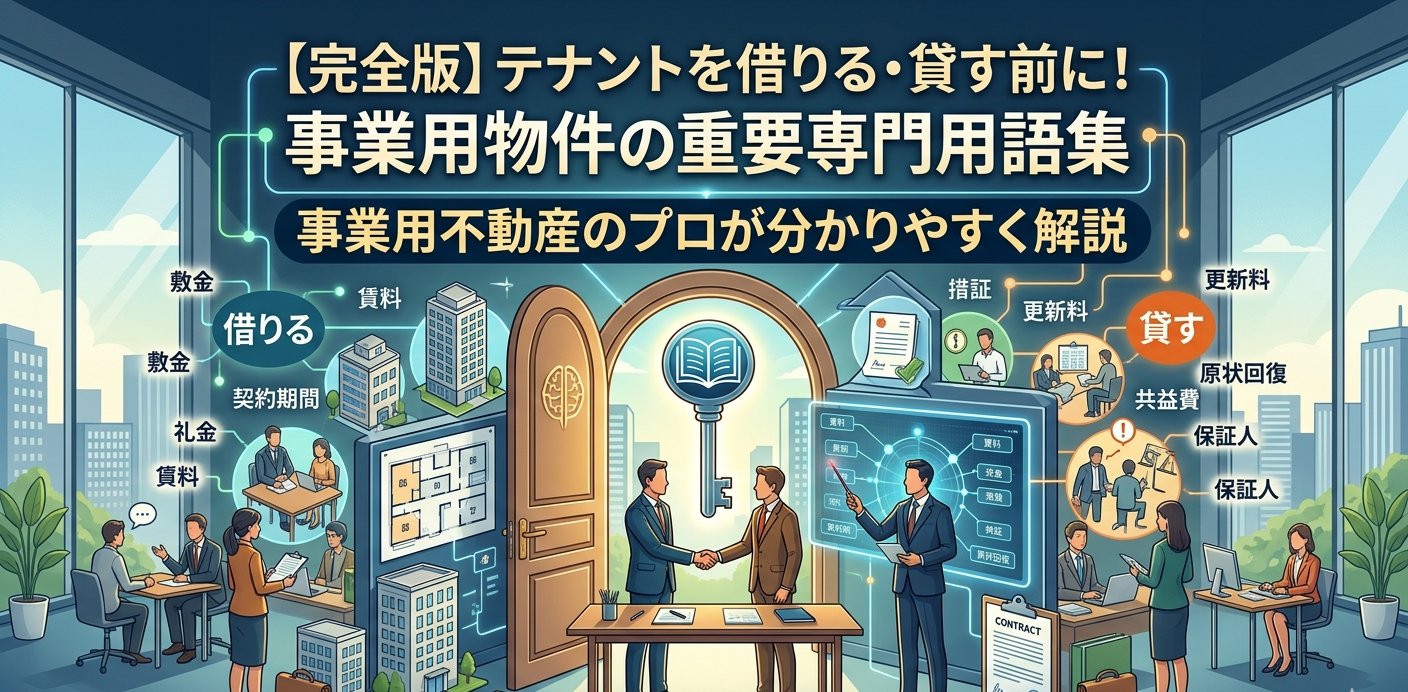 事業用物件の重要専門用語集を解説するインフォグラフィック画像。上部に「【完全版】テナントを借りる・貸す前に！事業用物件の重要専門用語集」「事業用不動産のプロが分かりやすく解説」の文字がある。中央には契約の鍵や握手をするビジネスパーソン、オフィスビルのイラストがあり、左側（借りる側）には敷金、礼金、賃料、契約期間、右側（貸す側）には保証人、共益費、原状回復、更新料、保証金、借証などの不動産用語が図解されている。背景は近代的な高層ビル群の室内。