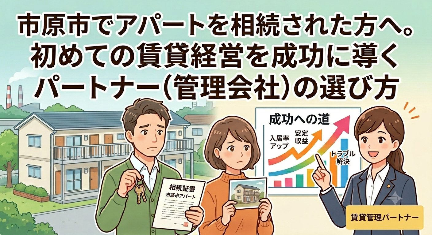市原市でアパートを相続し、初めての賃貸経営に悩む男女のイラスト。右側では、スーツを着た賃貸管理パートナーの女性が「成功への道(入居率アップ、安定収益、トラブル解決)」と書かれた右肩上がりのグラフを指差して解説しています。画像上部には「市原市でアパートを相続された方へ。初めての賃貸経営を成功に導くパートナー(管理会社)の選び方」というテキストが含まれています。