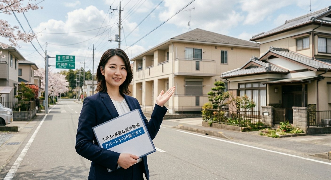 市原市の道路標識とアパートや一軒家が立ち並ぶ住宅街を背景に、「市原市・柔軟な賃貸管理 アパートから戸建てまで」と書かれた資料を持つスーツ姿の女性スタッフの画像