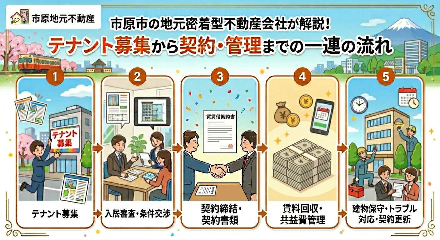 「市原市の地元密着型不動産会社が解説！テナント募集から契約・管理までの一連の流れ」と題したインフォグラフィック。1.テナント募集、2.入居審査・条件交渉、3.契約締結・契約書類、4.賃料回収・共益費管理、5.建物保守・トラブル対応・契約更新の5つのステップをイラストで図解しています。